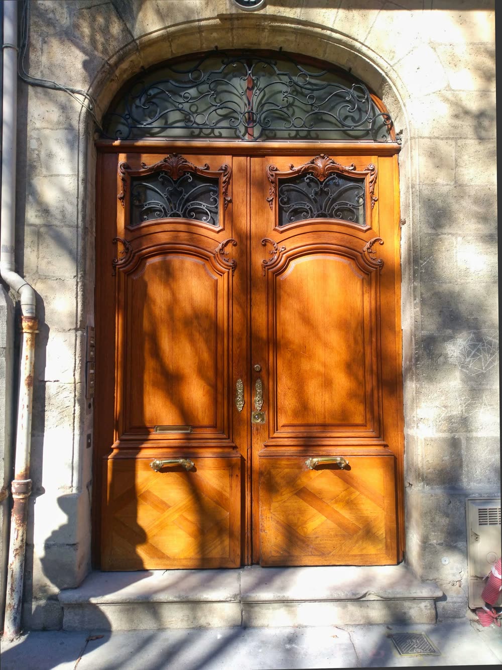 Ornately carved double wood doors in warm light